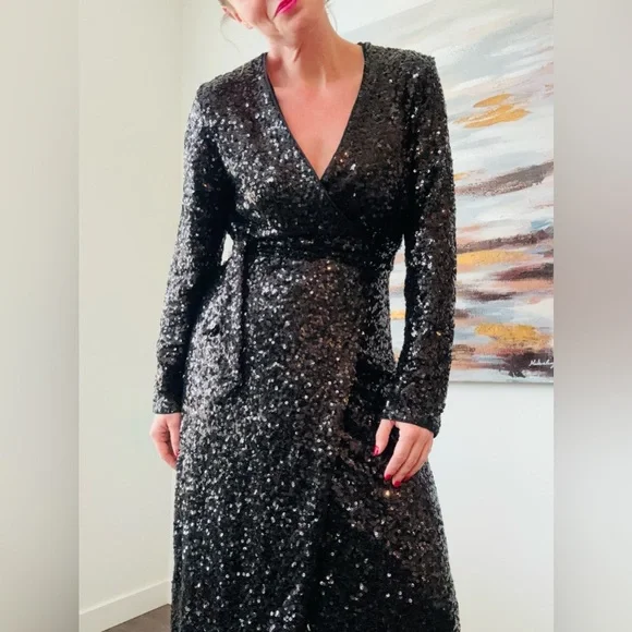 H&M Black Sequin Wrap Midi Dress M | Party Holiday Glam - Picture 5 of 16